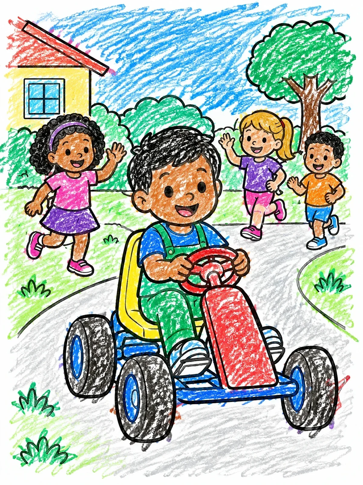Colored example of the Little Boy Riding A Pedal Go Kart coloring page