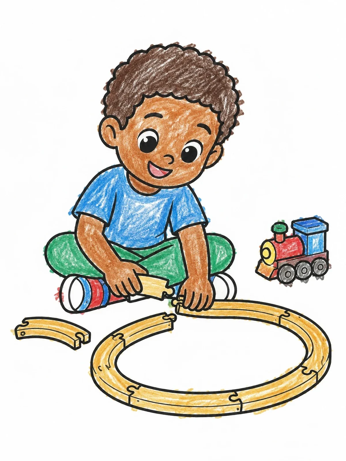 Colored example of the Little Boy Building A Toy Train Track coloring page
