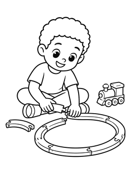 A cheerful little boy coloring page showing a toddler assembling wooden train tracks.