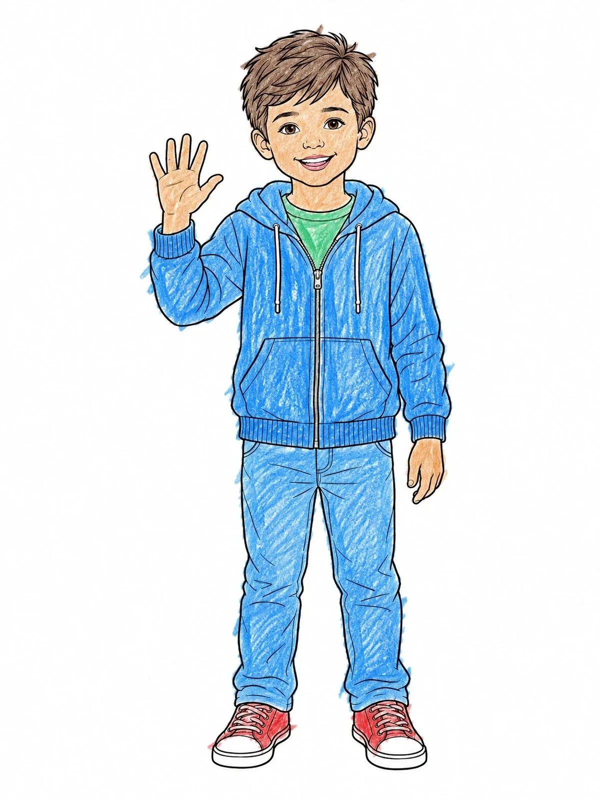 Colored example of the Cheerful Boy In Hoodie Waving coloring page