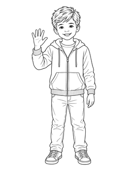 A smiling boy in a hoodie greets on this little boy coloring page.