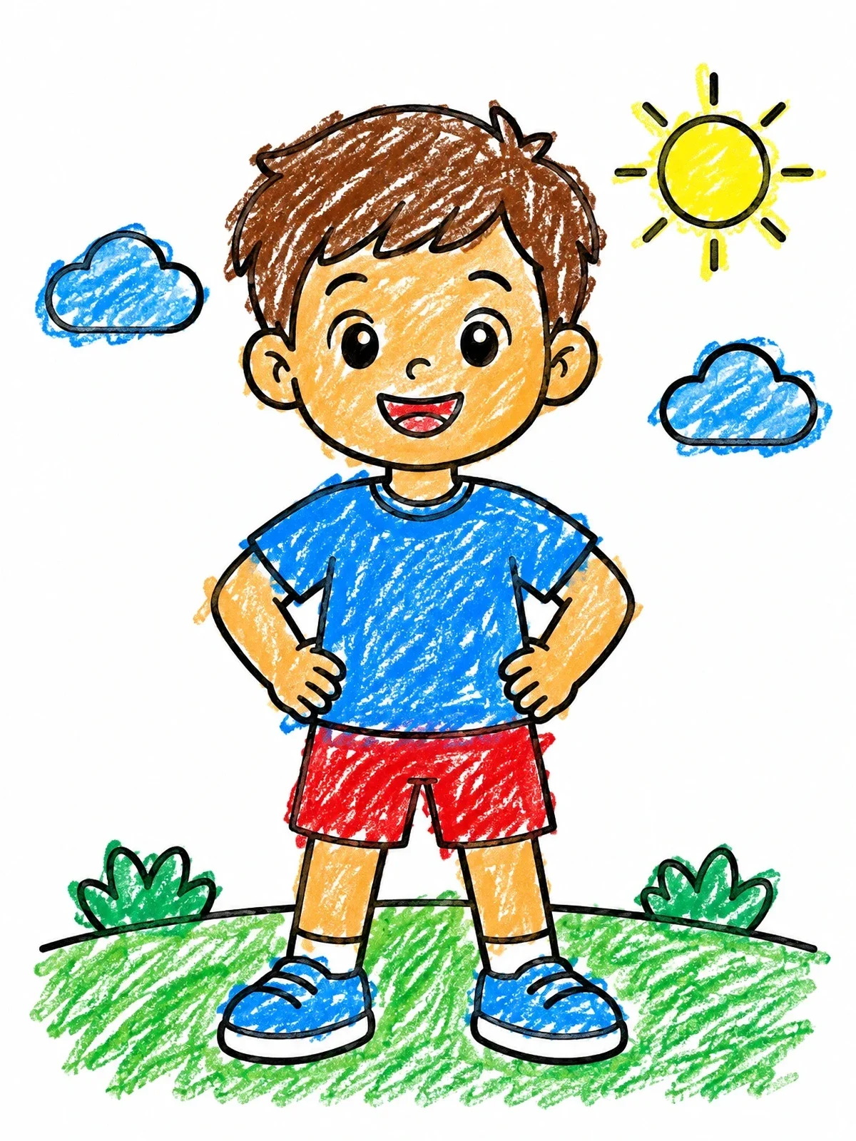 Colored example of the Cheerful Boy Standing Outdoors In Sunlight coloring page