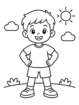 Free printable Cheerful Boy Standing Outdoors In Sunlight coloring page