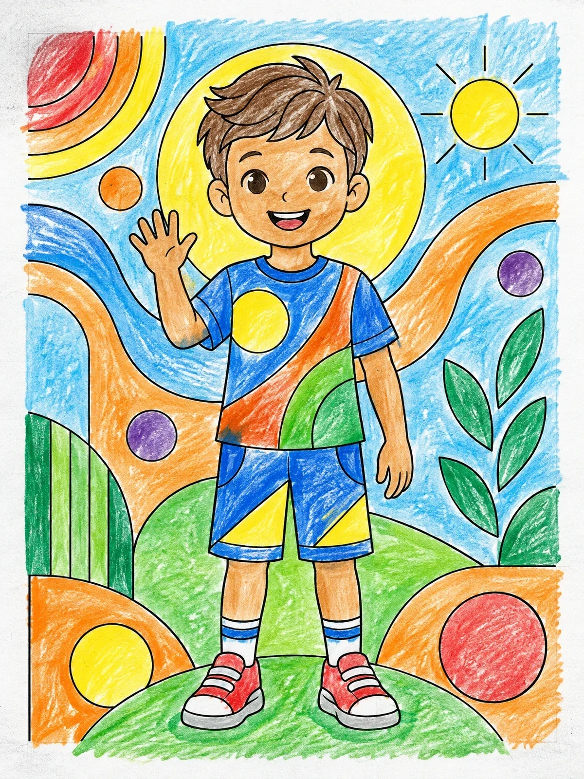 Colored example of the Cheerful Boy Waving Outdoors coloring page