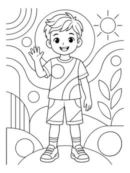 A smiling little boy coloring page featuring geometric patterns and a shining sun.