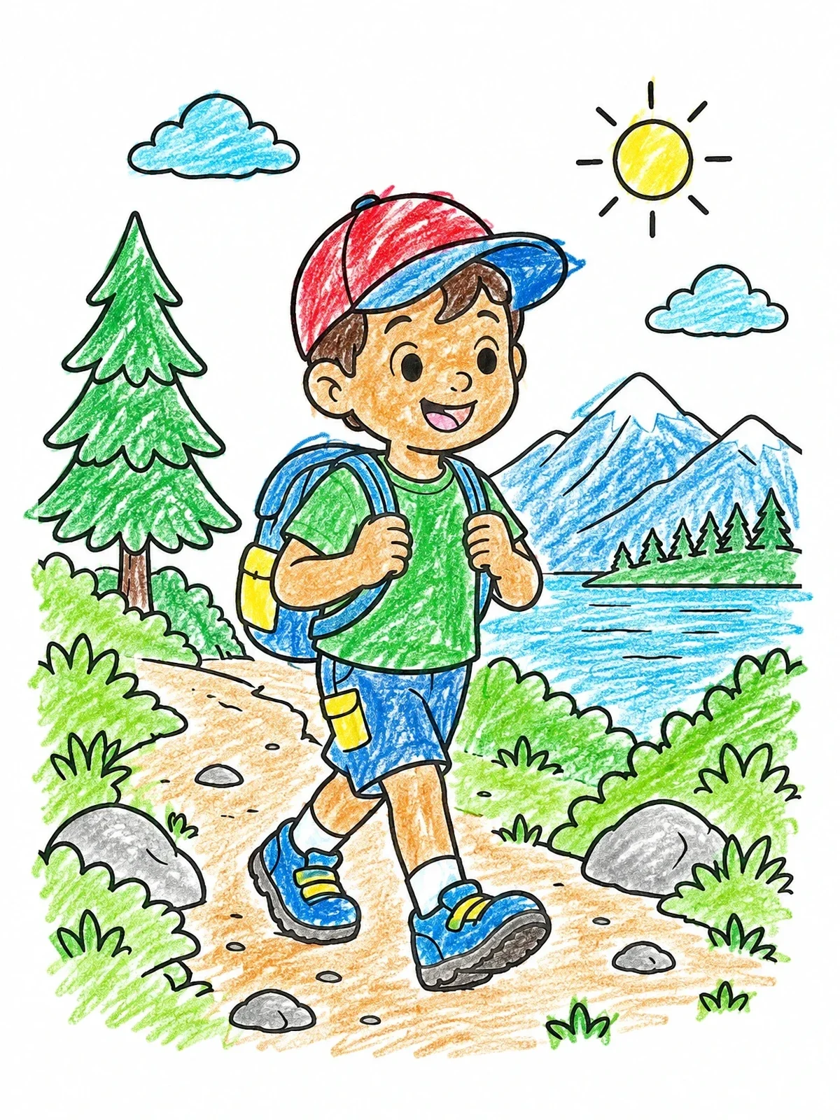 Colored example of the Happy Boy Hiking On A Trail coloring page