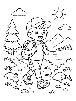 Free printable Happy Boy Hiking On A Trail coloring page