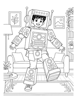 A cheerful little boy coloring page showing him stomping around the living room dressed in a homemade cardboard robot suit.