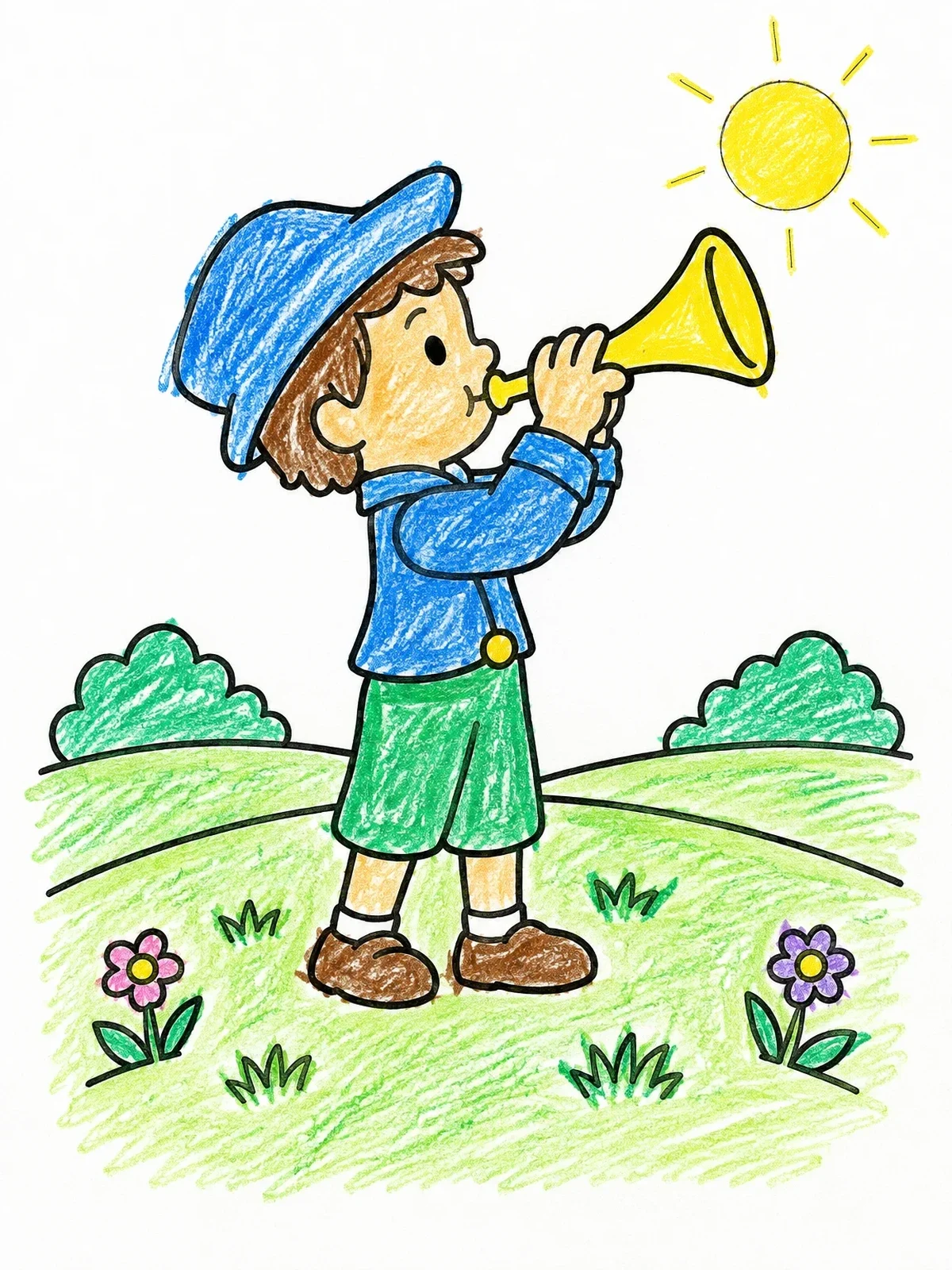 Colored example of the Little Boy Playing The Horn coloring page