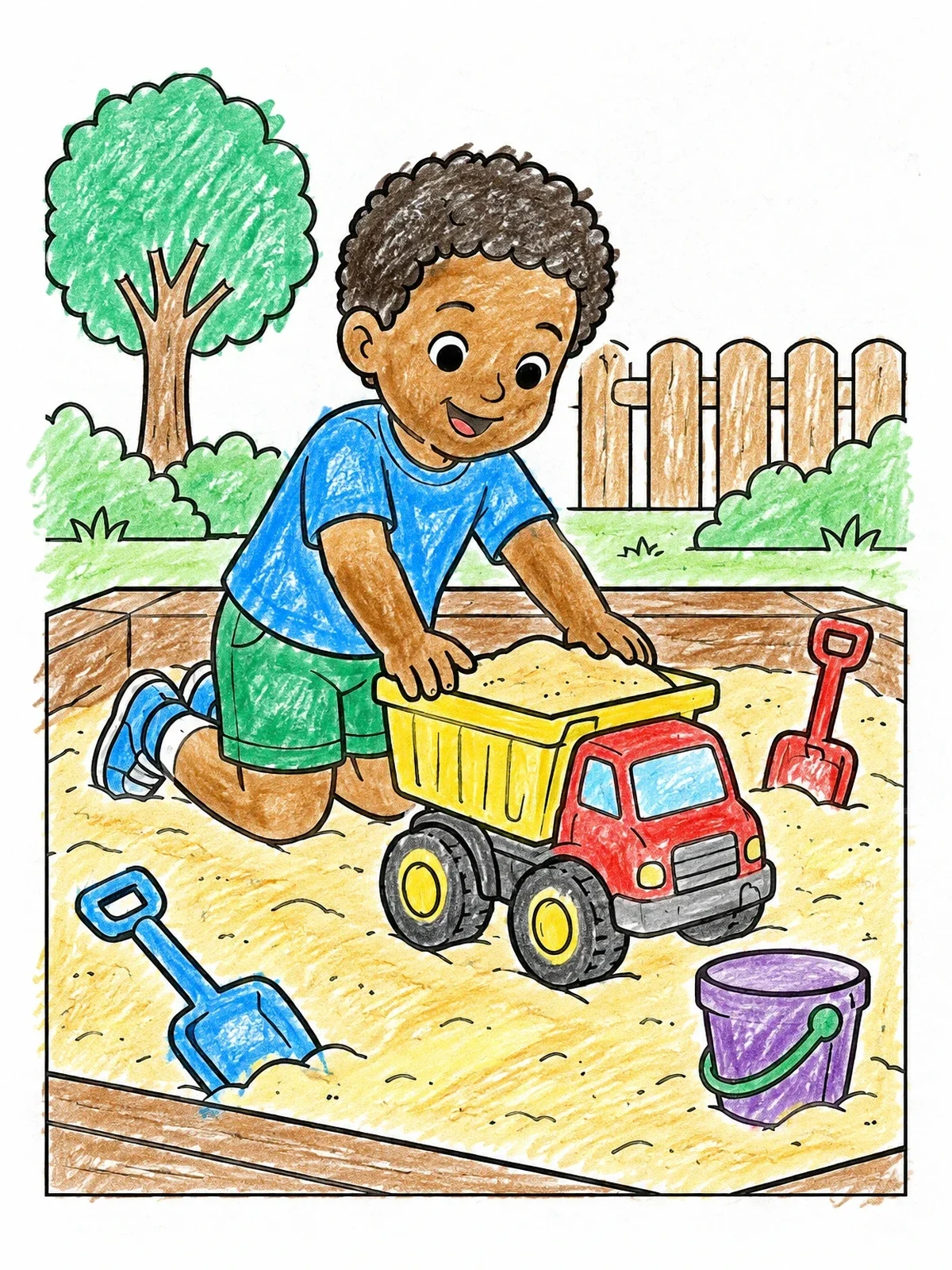 Colored example of the Little Boy Playing In Sandbox coloring page