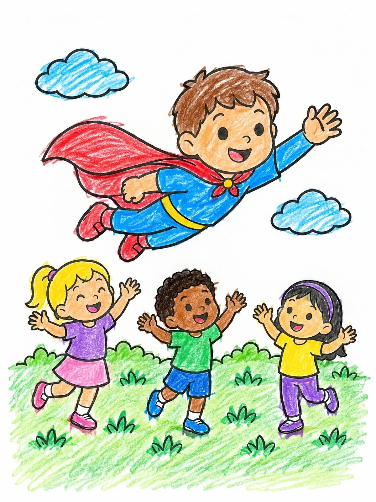 Colored example of the Superhero Boy Flying With Friends coloring page