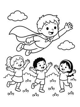 A little boy coloring page showing a playful kid in a superhero cape soaring above his happy friends.