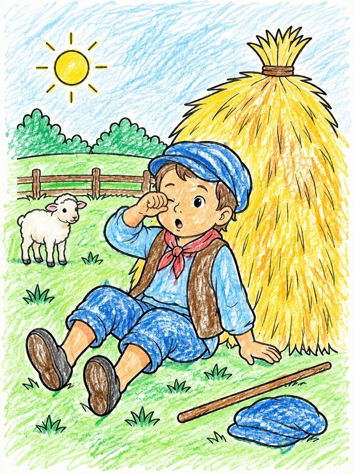 Colored example of the Little Boy Waking By Haystack coloring page