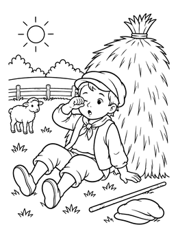 A sleepy boy beside a haystack features in this little boy coloring page with a sheep nearby.