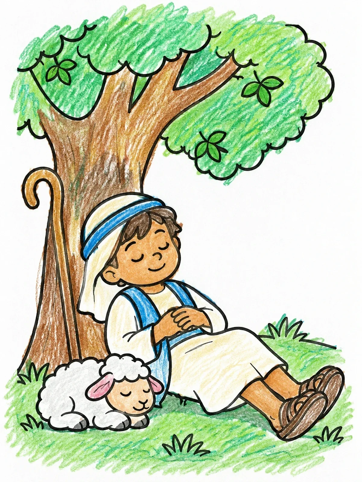 Colored example of the Young Shepherd Boy Resting Under Tree coloring page