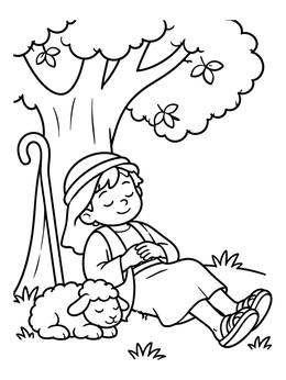 Free printable Young Shepherd Boy Resting Under Tree coloring page