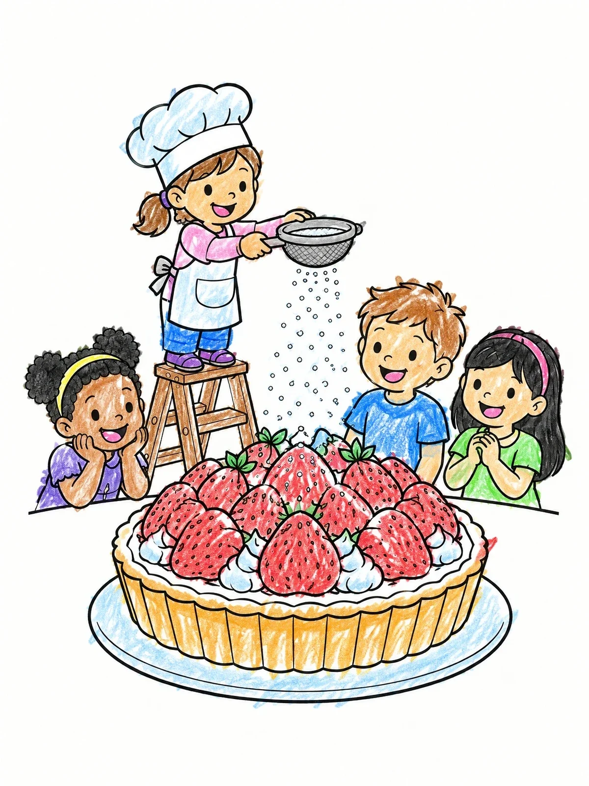 Colored example of the Little Chef And Giant Strawberry Tart coloring page