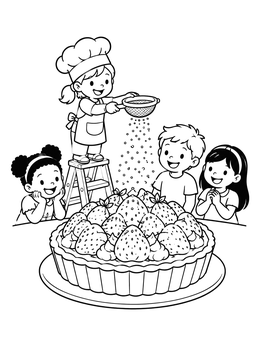 A chef coloring page featuring a tiny baker dusting sugar over a big strawberry pie with friends watching.
