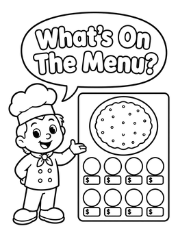 A cute young chef presents a blank pizza menu coloring page for creative drawing.