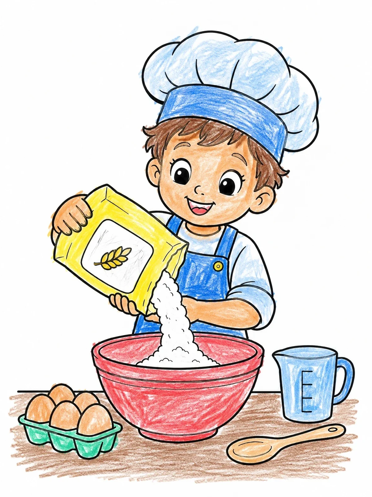 Colored example of the Little Chef Pouring Baking Flour coloring page