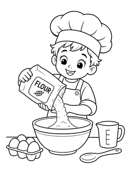 A happy child baker in this flour coloring page pours ingredients into a large mixing bowl.