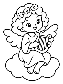 Free printable Little Cherub Playing A Harp On A Cloud coloring page