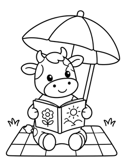 A cute cow coloring page showing a calf reading a picture book under a sun parasol.