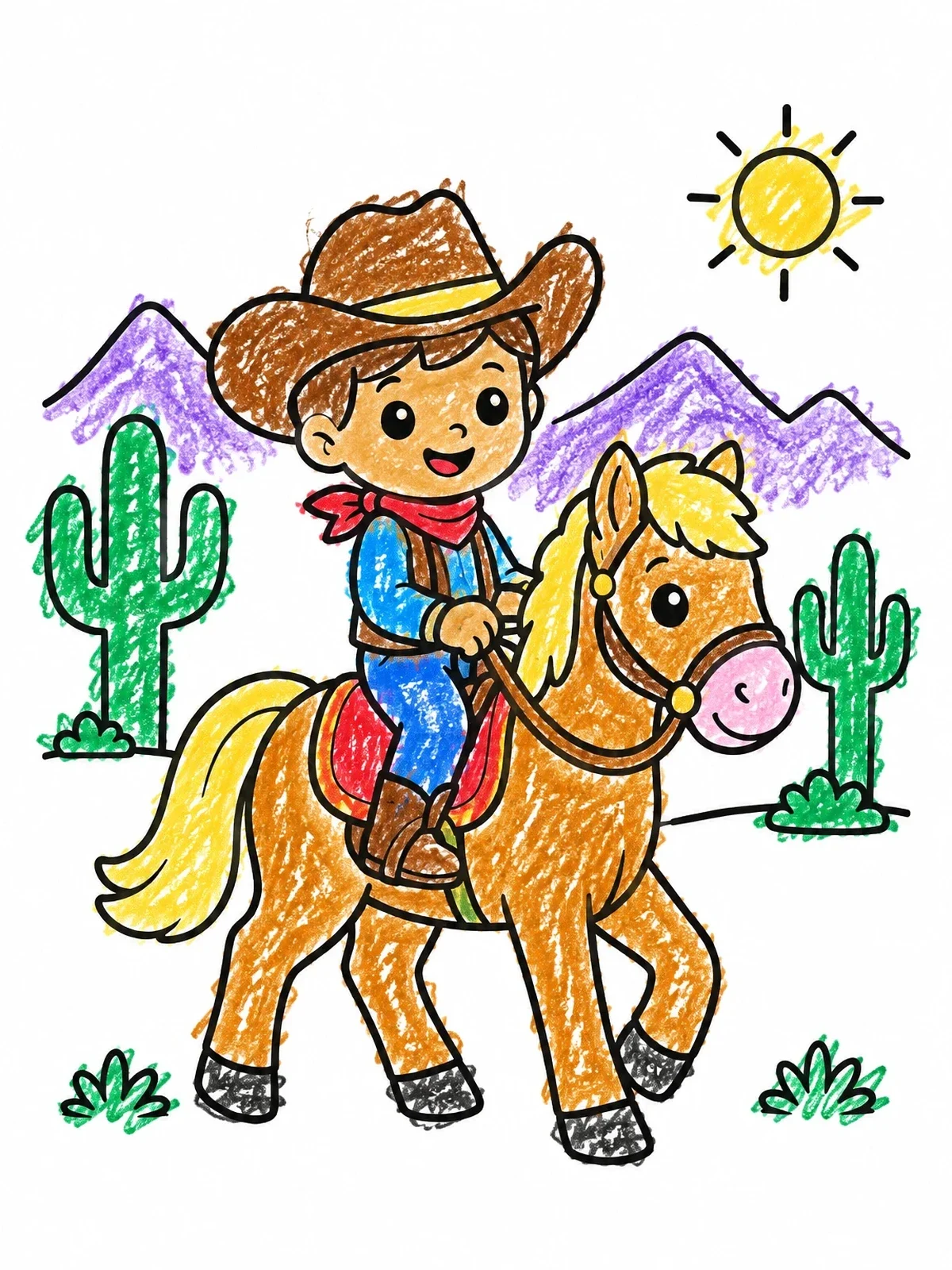 Colored example of the Little Cowboy Riding A Pony coloring page