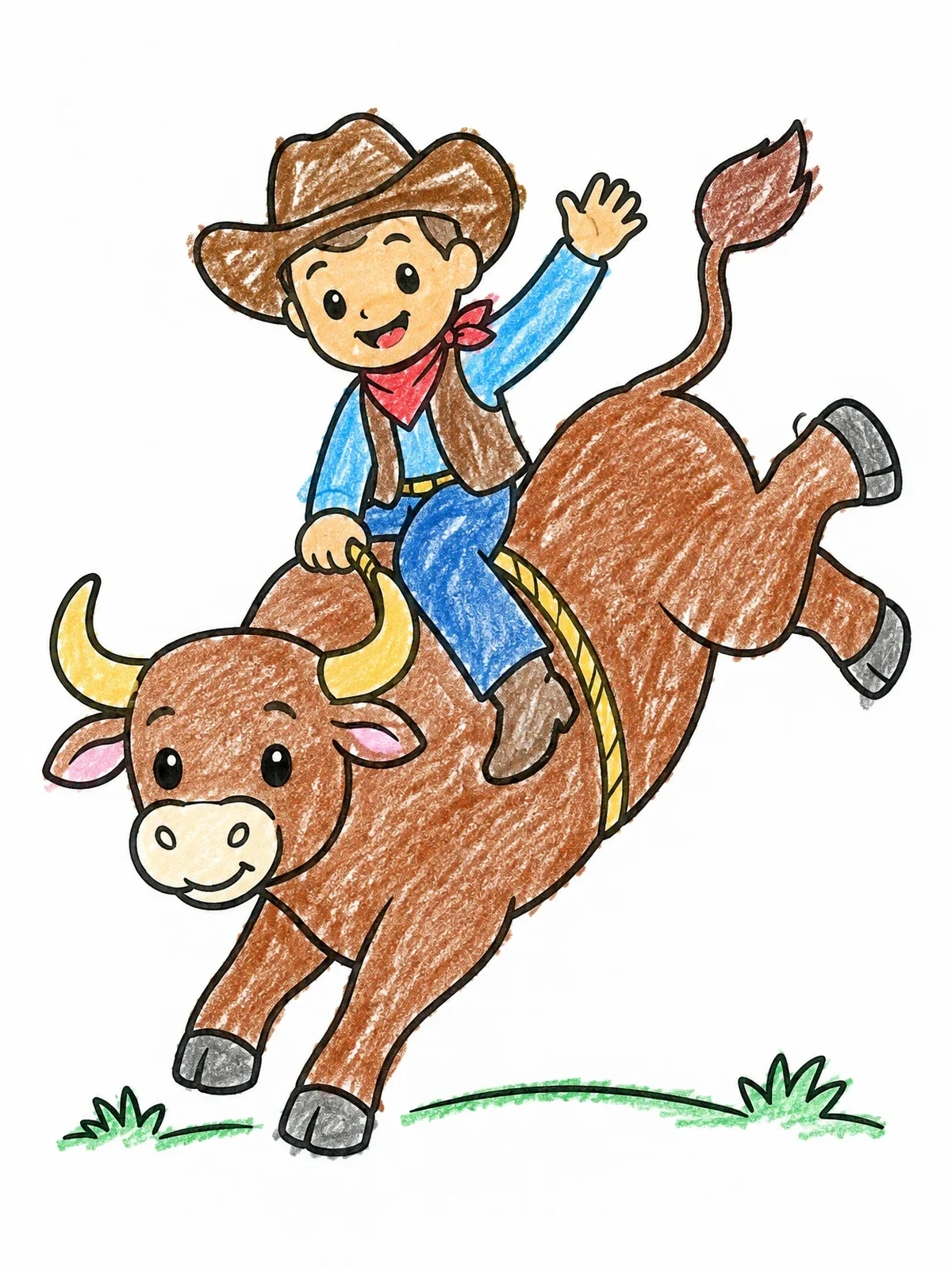 Colored example of the Little Cowboy Riding A Bucking Bull coloring page