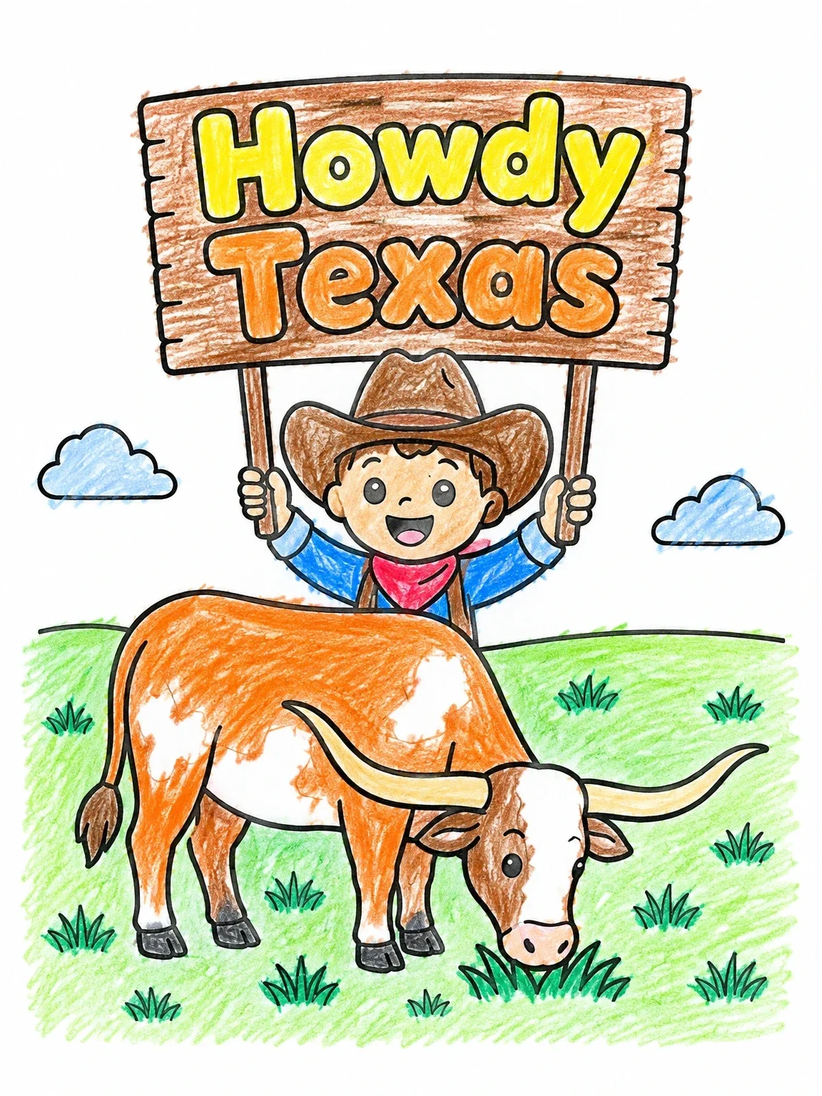 Colored example of the Little Cowboy And Texas Longhorn coloring page