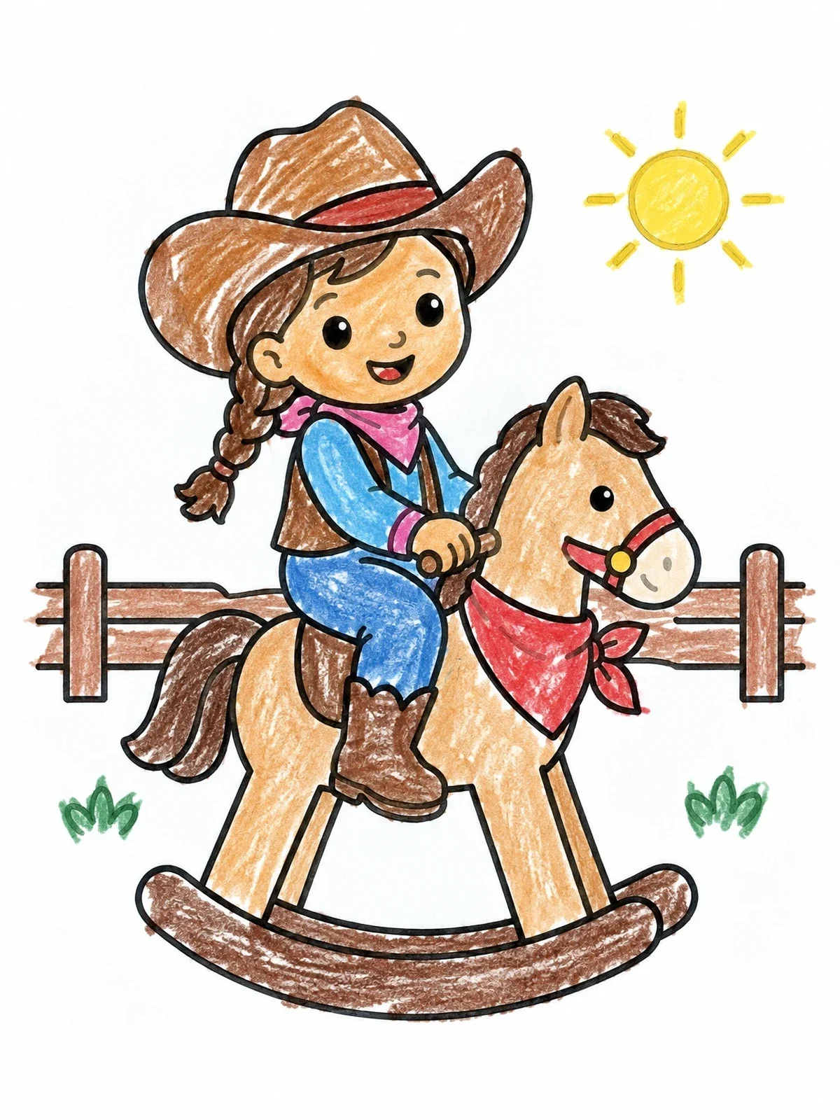 Colored example of the Little Cowgirl On Rocking Horse coloring page