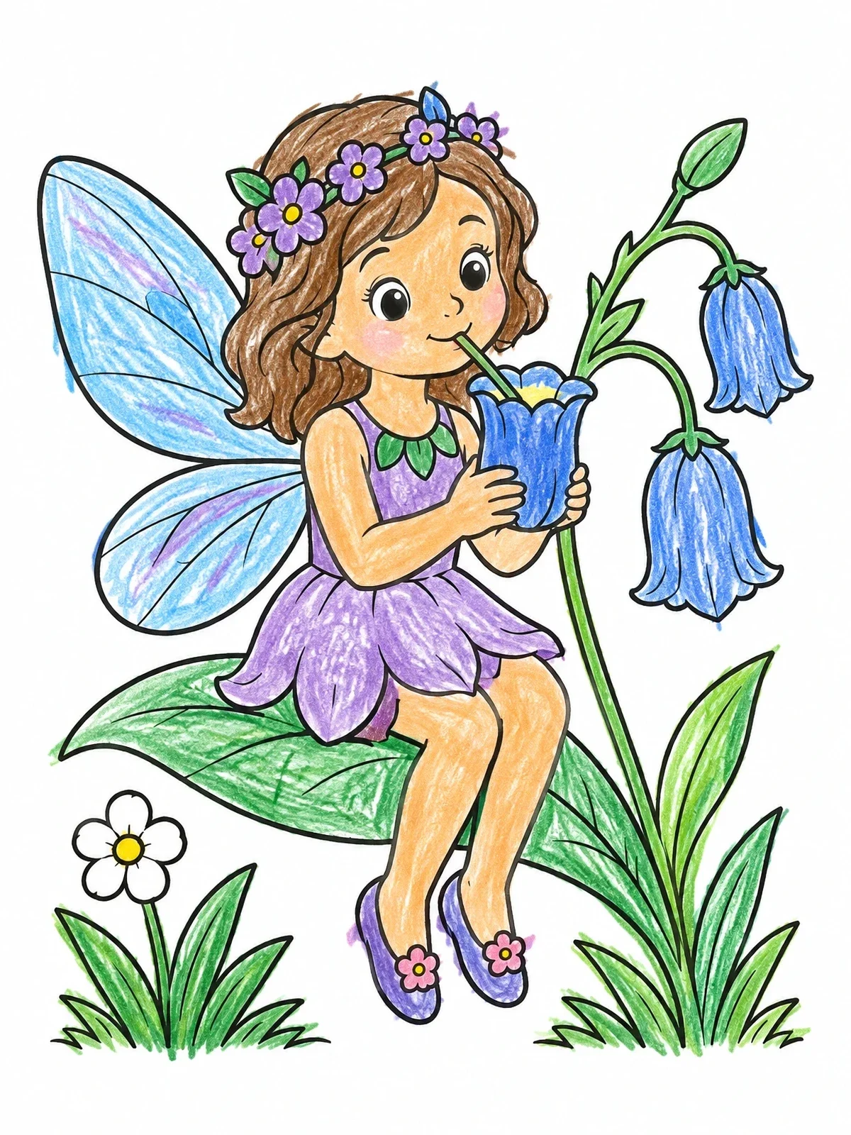 Colored example of the Little Fairy Drinking Flower Nectar coloring page