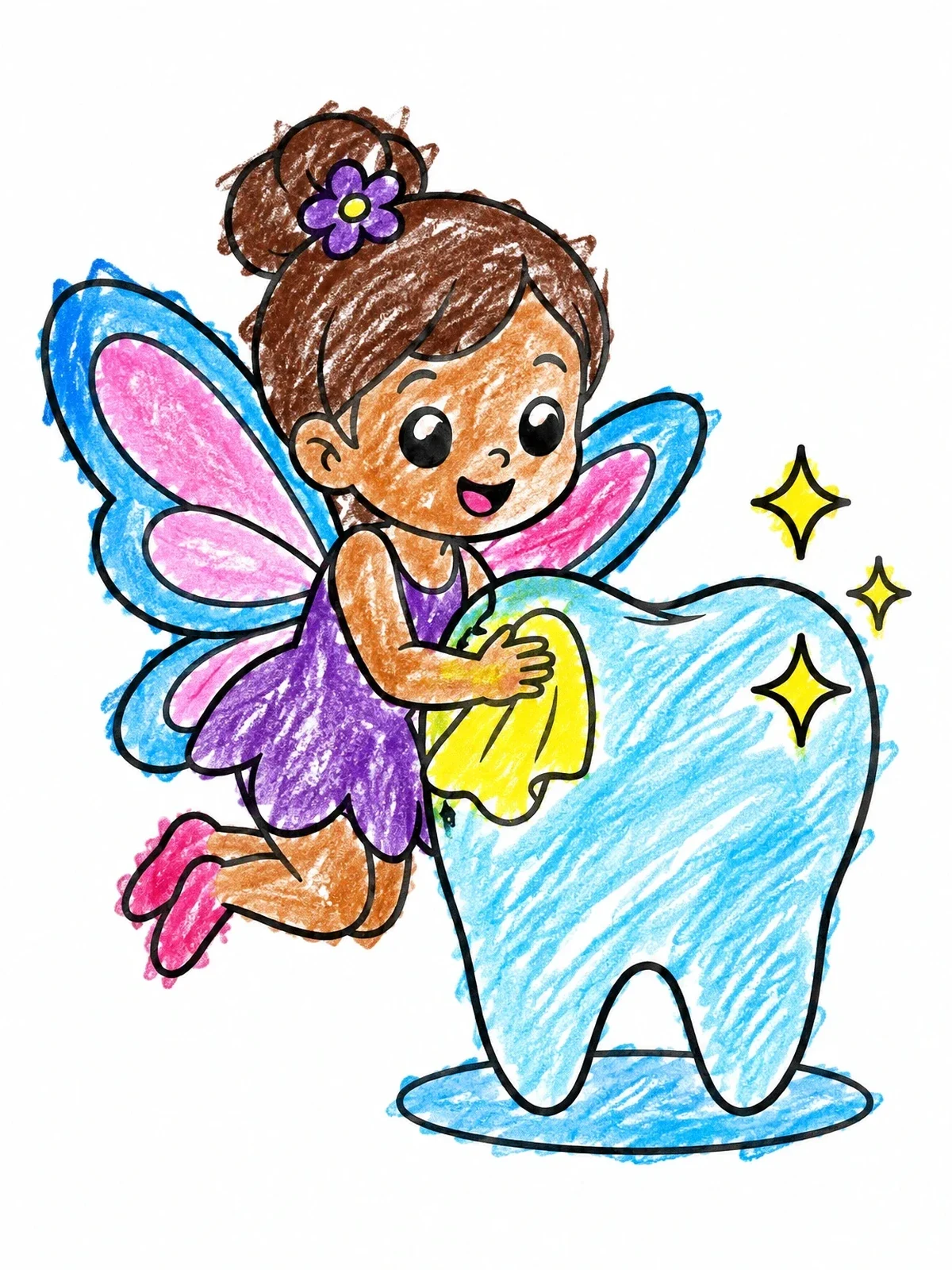 Colored example of the Little Fairy Polishing A Giant Tooth coloring page