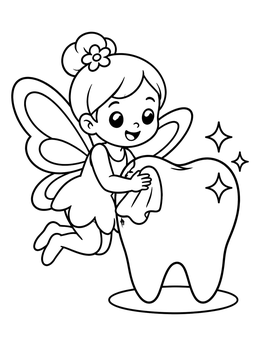 A cute tooth fairy coloring page showing a little fairy polishing a giant shiny tooth with a cloth.