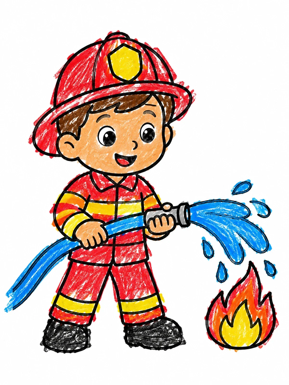 Colored example of the Little Firefighter With Water Hose coloring page