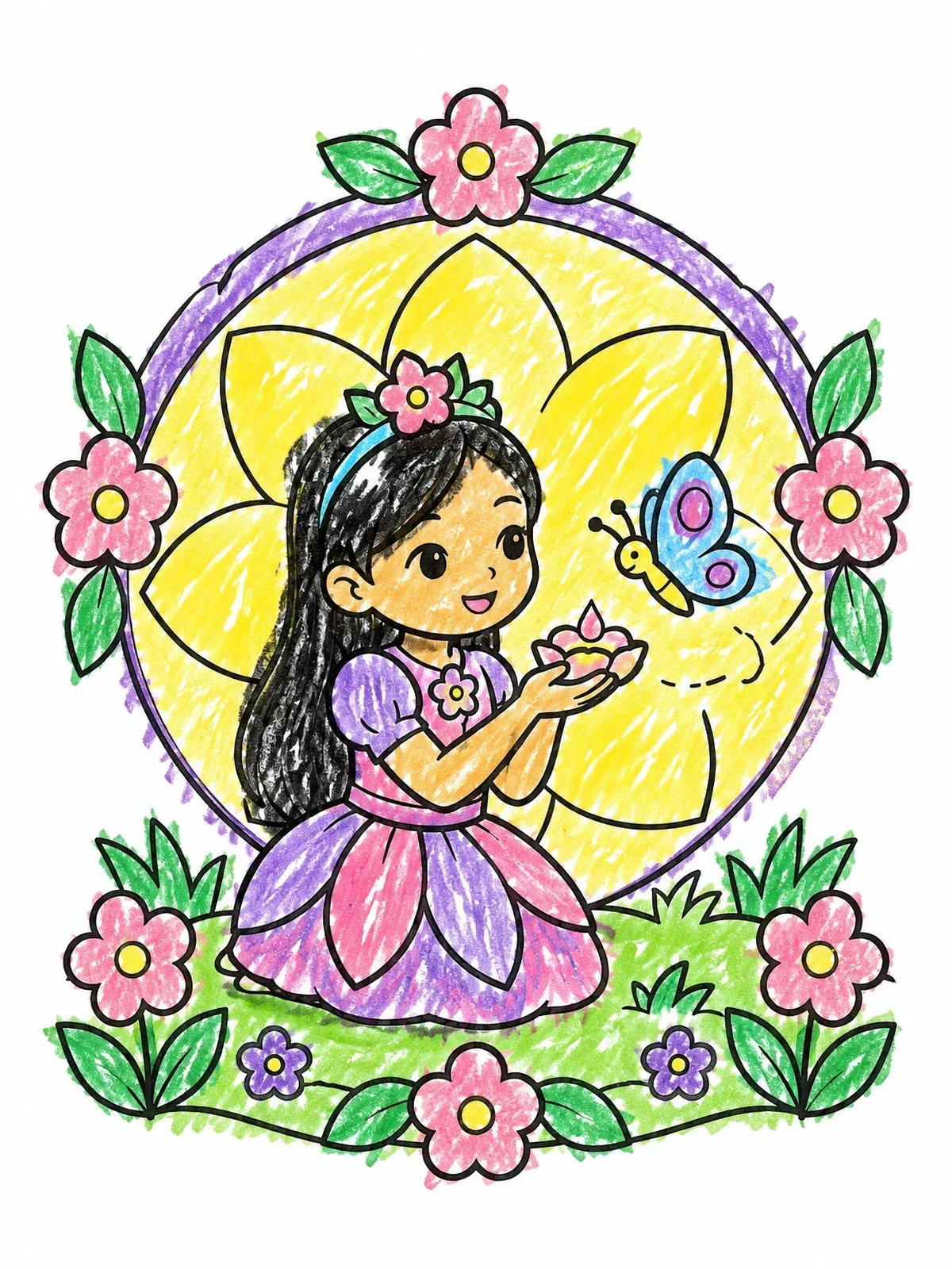 Colored example of the Little Flower Princess And Butterfly coloring page