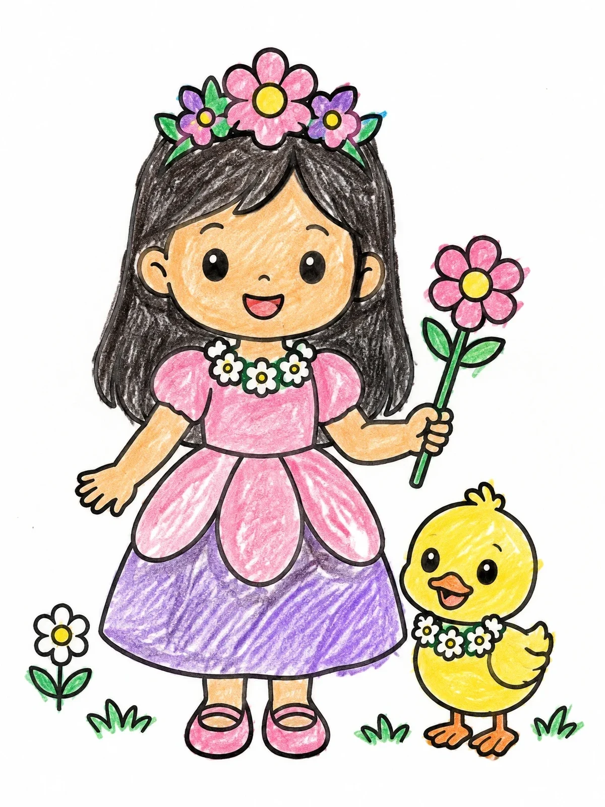 Colored example of the Little Flower Princess And Duckling coloring page