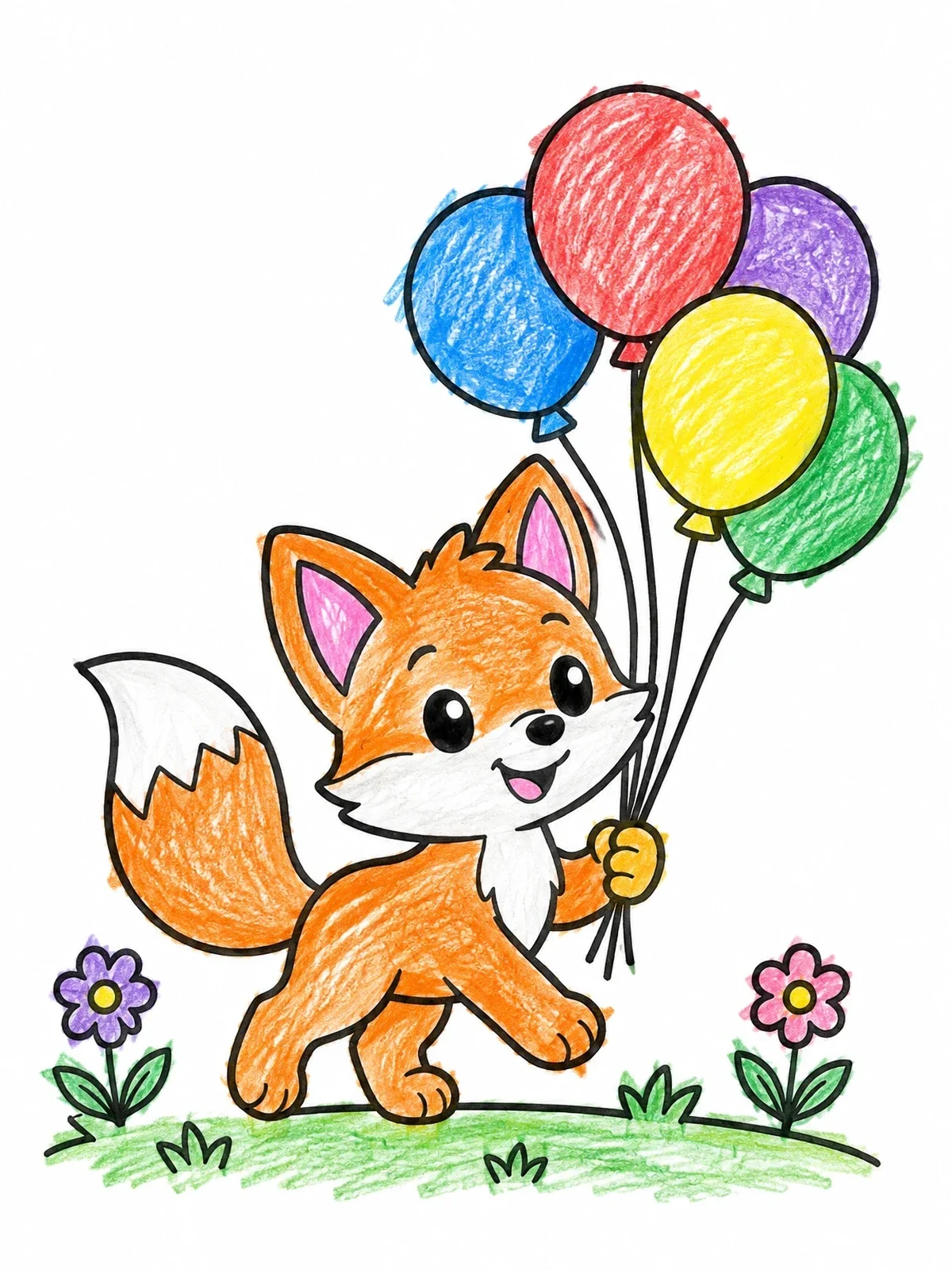 Colored example of the Little Fox With Birthday Balloons coloring page