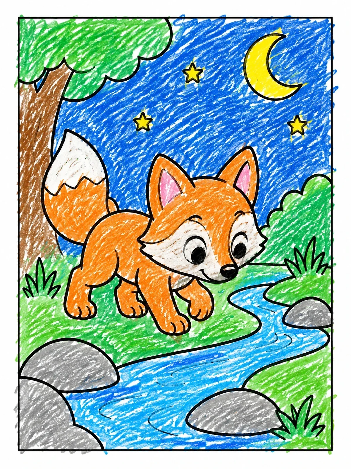 Colored example of the Little Fox By The Night Stream coloring page