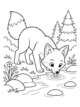 A cute fox coloring page showing a pup sipping water from a forest creek.