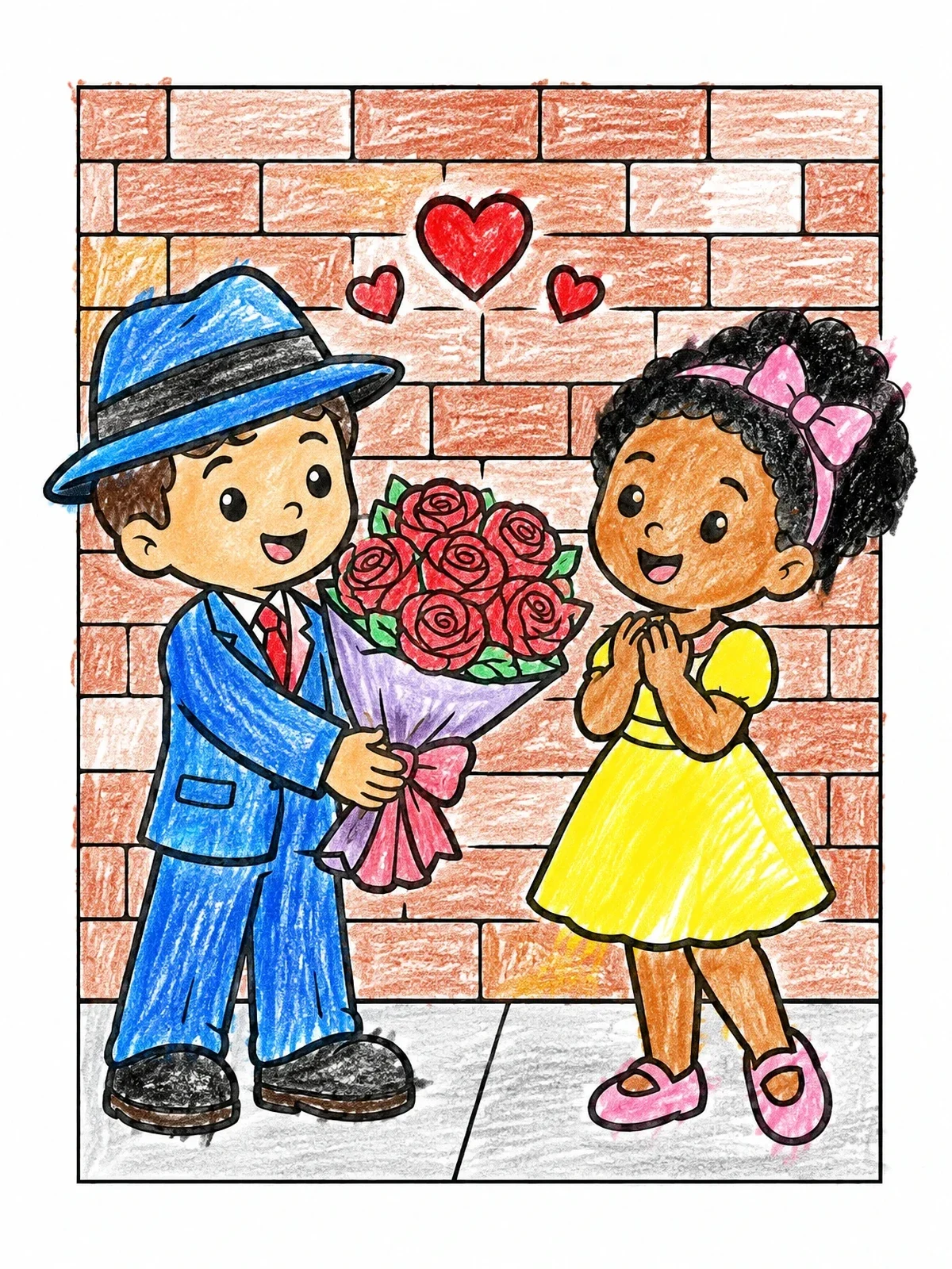 Colored example of the Little Gangster Giving Roses coloring page