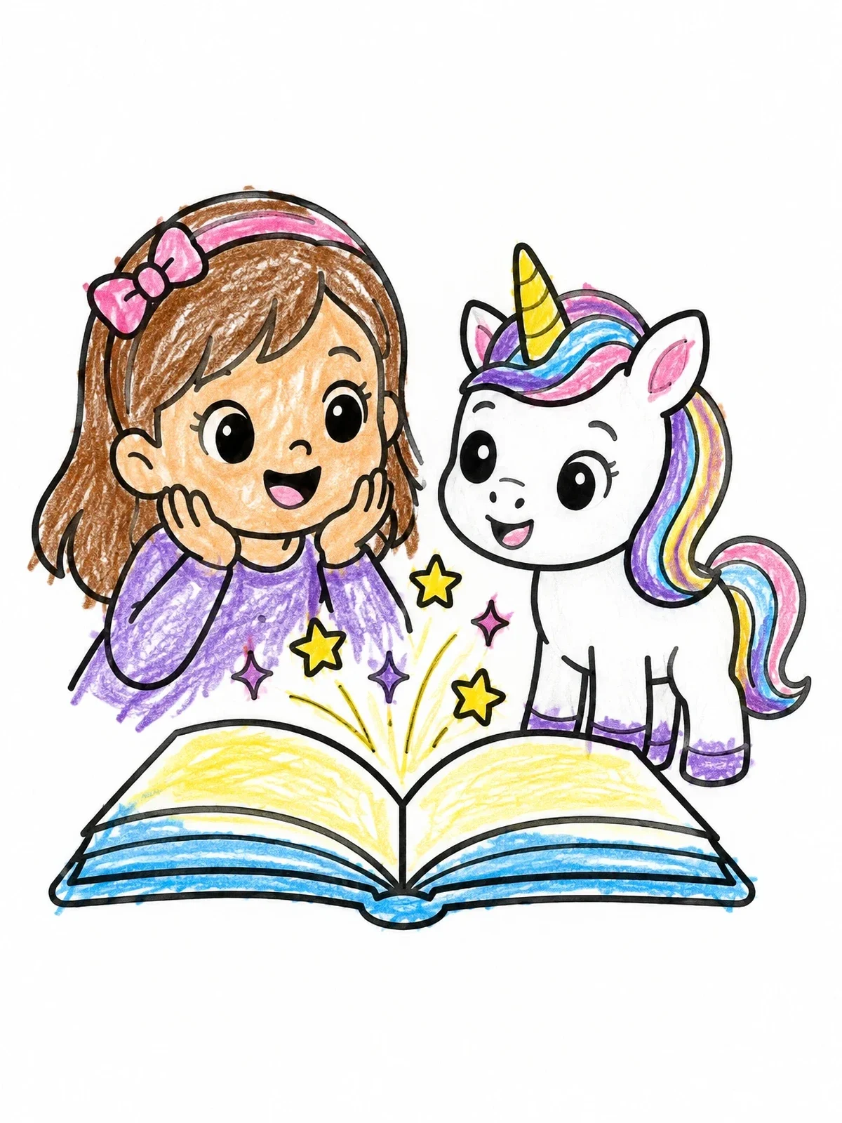 Colored example of the Little Girl And Unicorn Reading Magic Book coloring page
