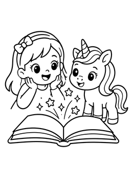 A sweet unicorn coloring page showing a little girl and a baby unicorn looking at a magical glowing book.