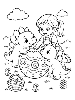 Free printable Little Girl With Baby Dinosaurs And Giant Egg coloring page