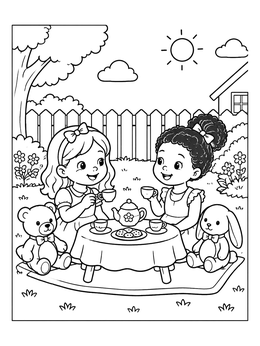 A sunny backyard tea party with stuffed animals on this little girl coloring page.