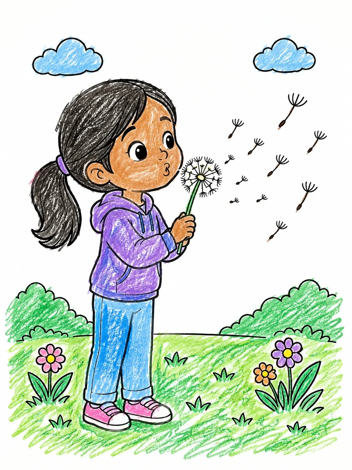 Colored example of the Little Girl Blowing A Dandelion coloring page