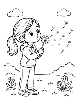 Free printable Little Girl Blowing A Dandelion coloring page