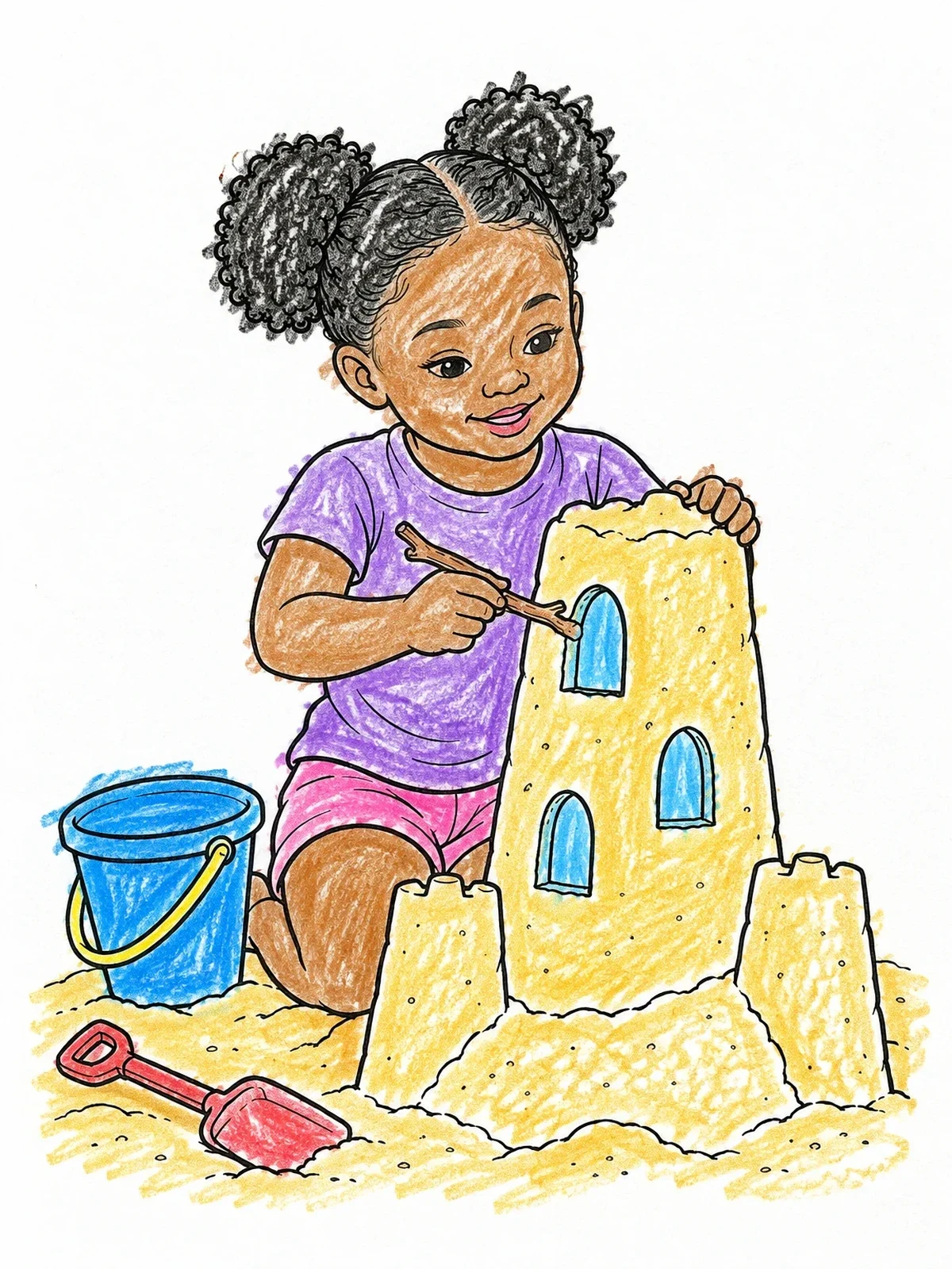Colored example of the Little Girl Decorating A Sandcastle coloring page