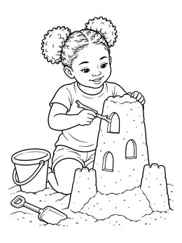 A smiling young girl carves windows into a sand castle coloring page.