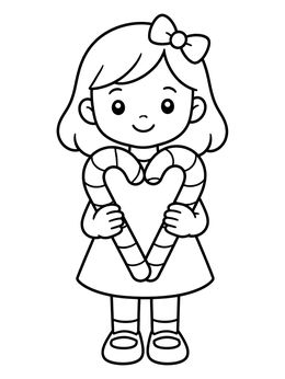 Free printable Little Girl Holding Candy Cane Heart coloring page
